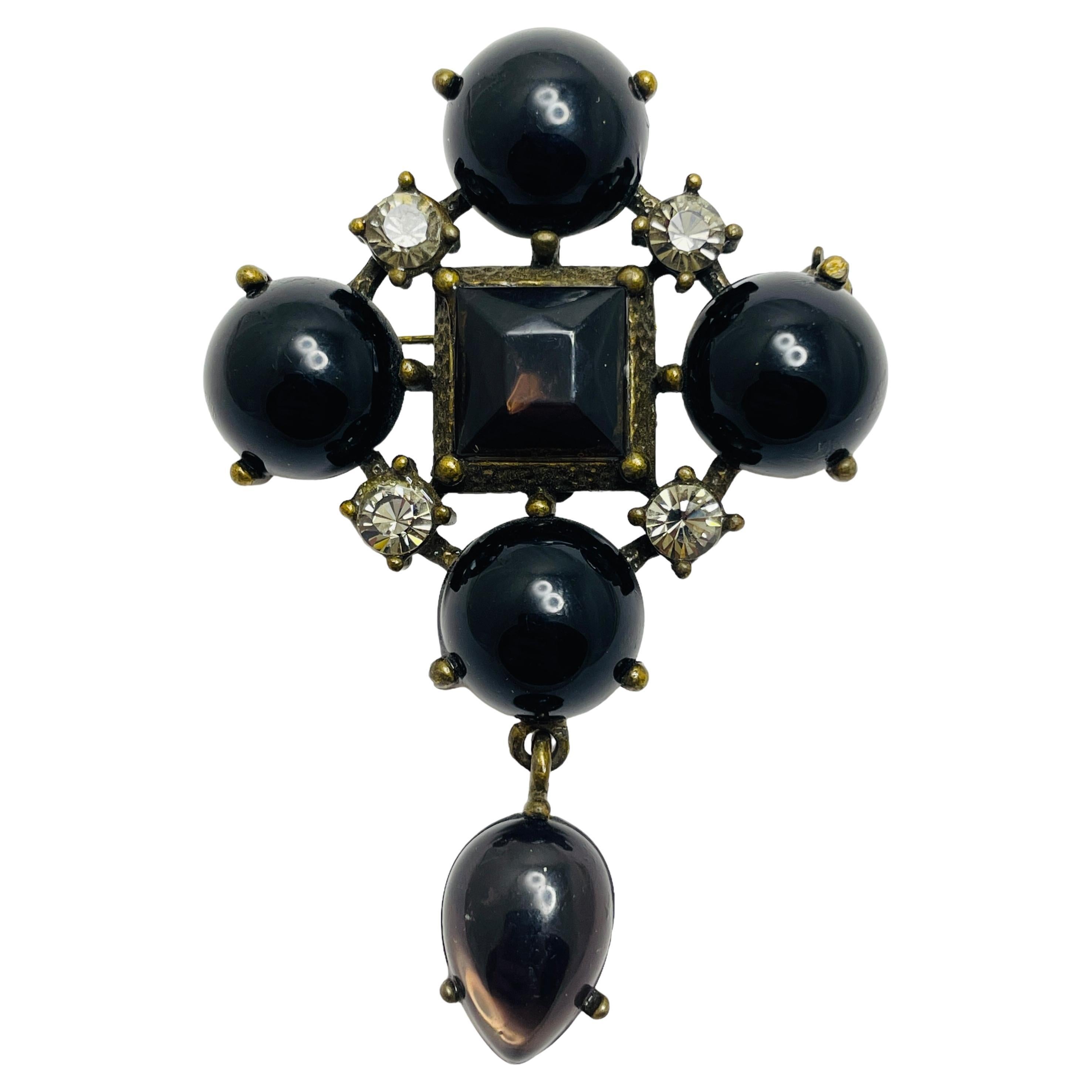 Vintage gold black maltese cross dangle designer brooch For Sale