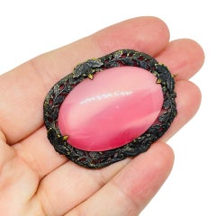 Vintage gold black metal pink glass CZECH designer brooch