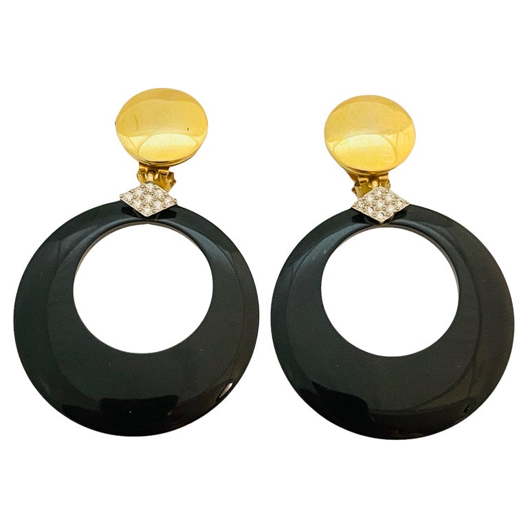 Vintage gold black rhinestone designer runway clip on earrings For Sale