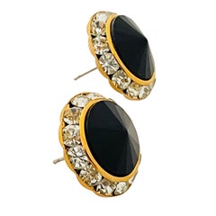 Vintage gold black rivioli glass clear rhinestones designer earrings