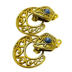 Vintage gold blue cab door knocker designer clip on earrings