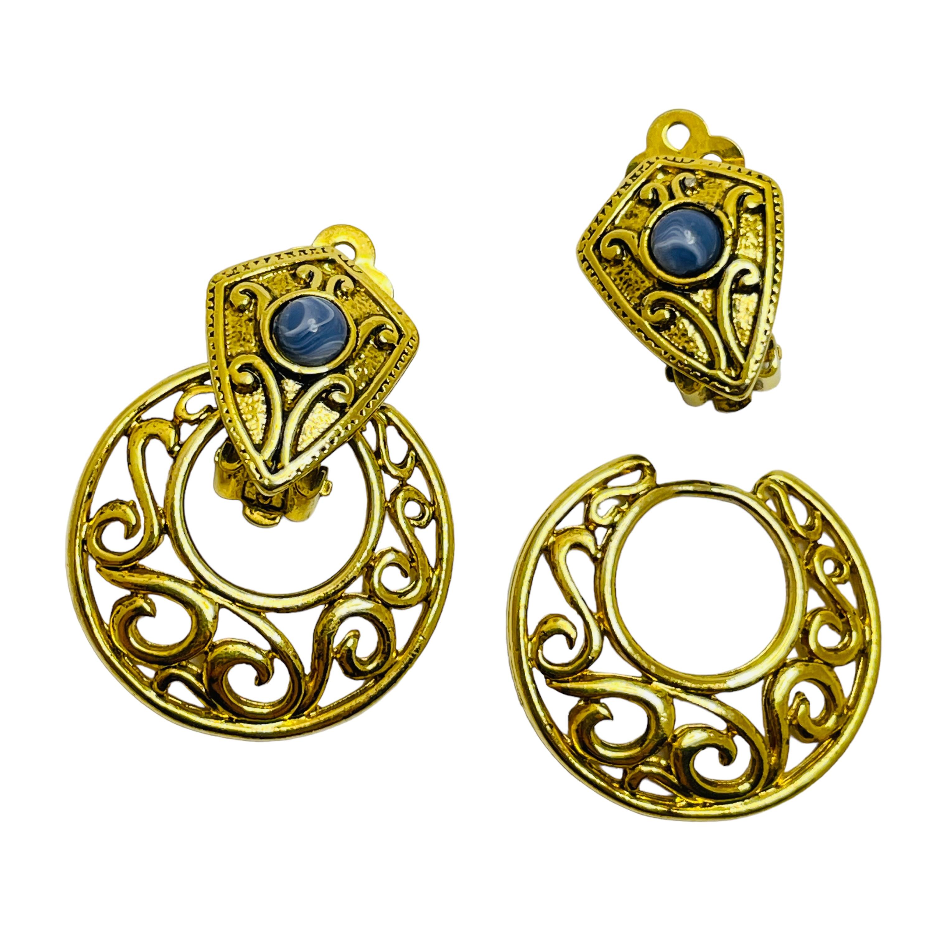 Women's Vintage gold blue cab door knocker designer clip on earrings For Sale