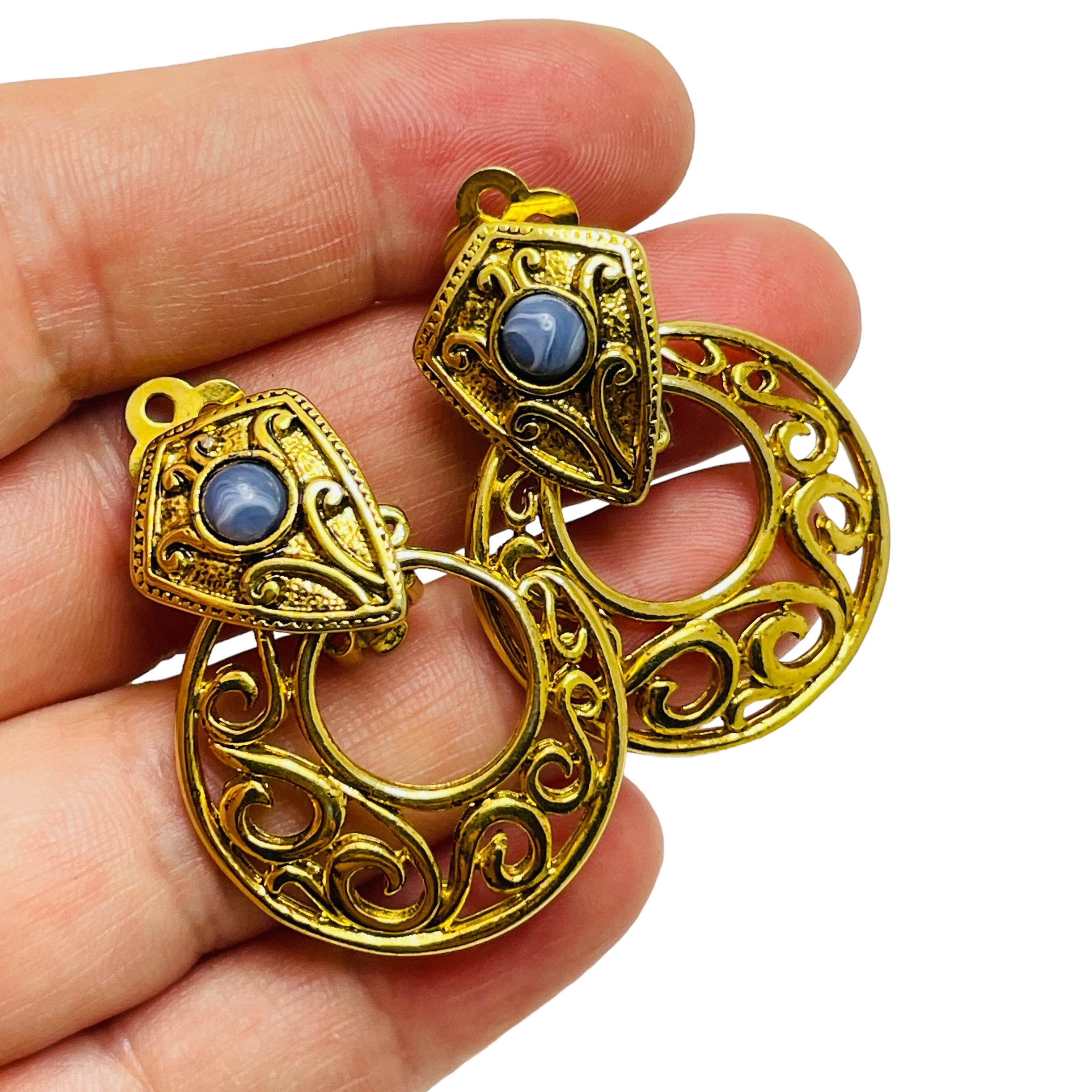 Vintage gold blue cab door knocker designer clip on earrings For Sale 1