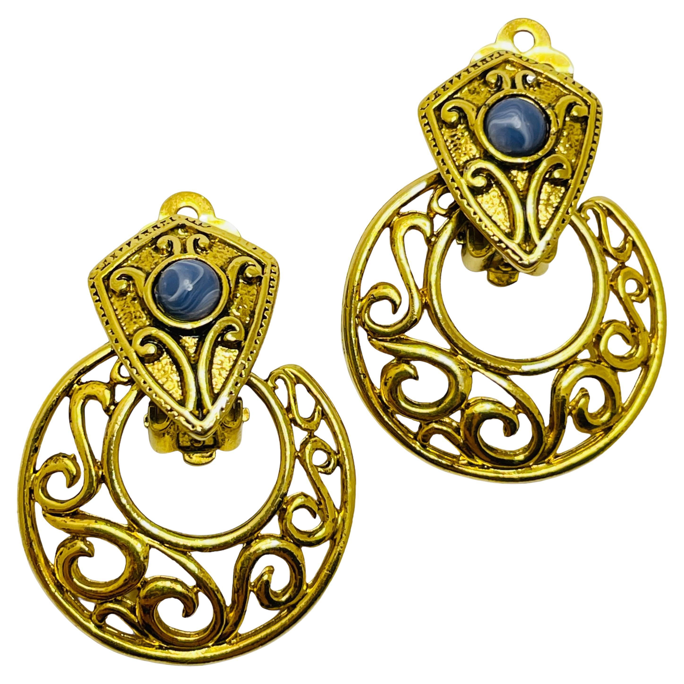Vintage gold blue cab door knocker designer clip on earrings For Sale