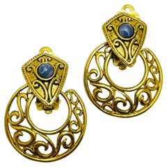 Vintage gold blue cab door knocker designer clip on earrings