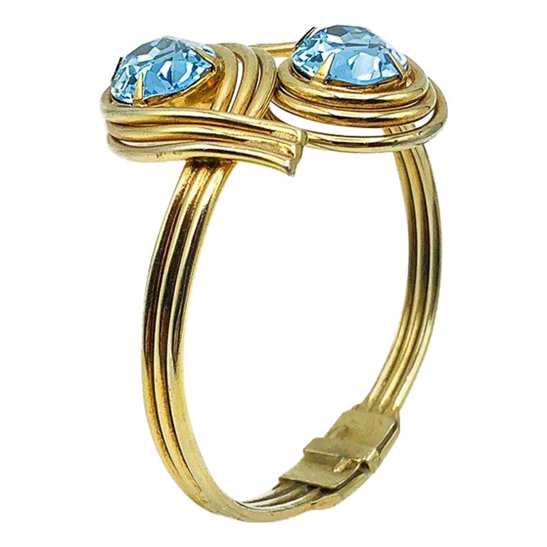 Vintage Gold & Blaues Kristall-Armband mit Klappverschluss 1950er Jahre im Angebot