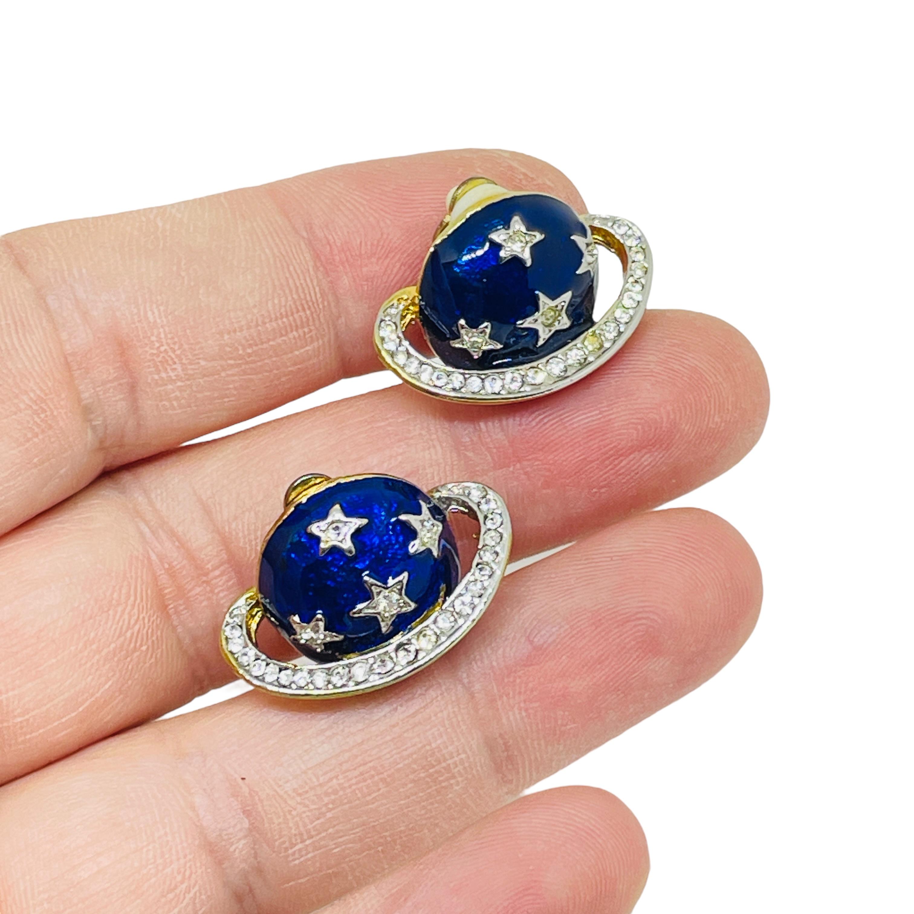 Vintage gold blau emailliert Strass Sterne Planet Designer Clip auf Ohrringe Damen im Angebot