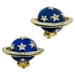 Vintage gold blau emailliert Strass Sterne Planet Designer Clip auf Ohrringe