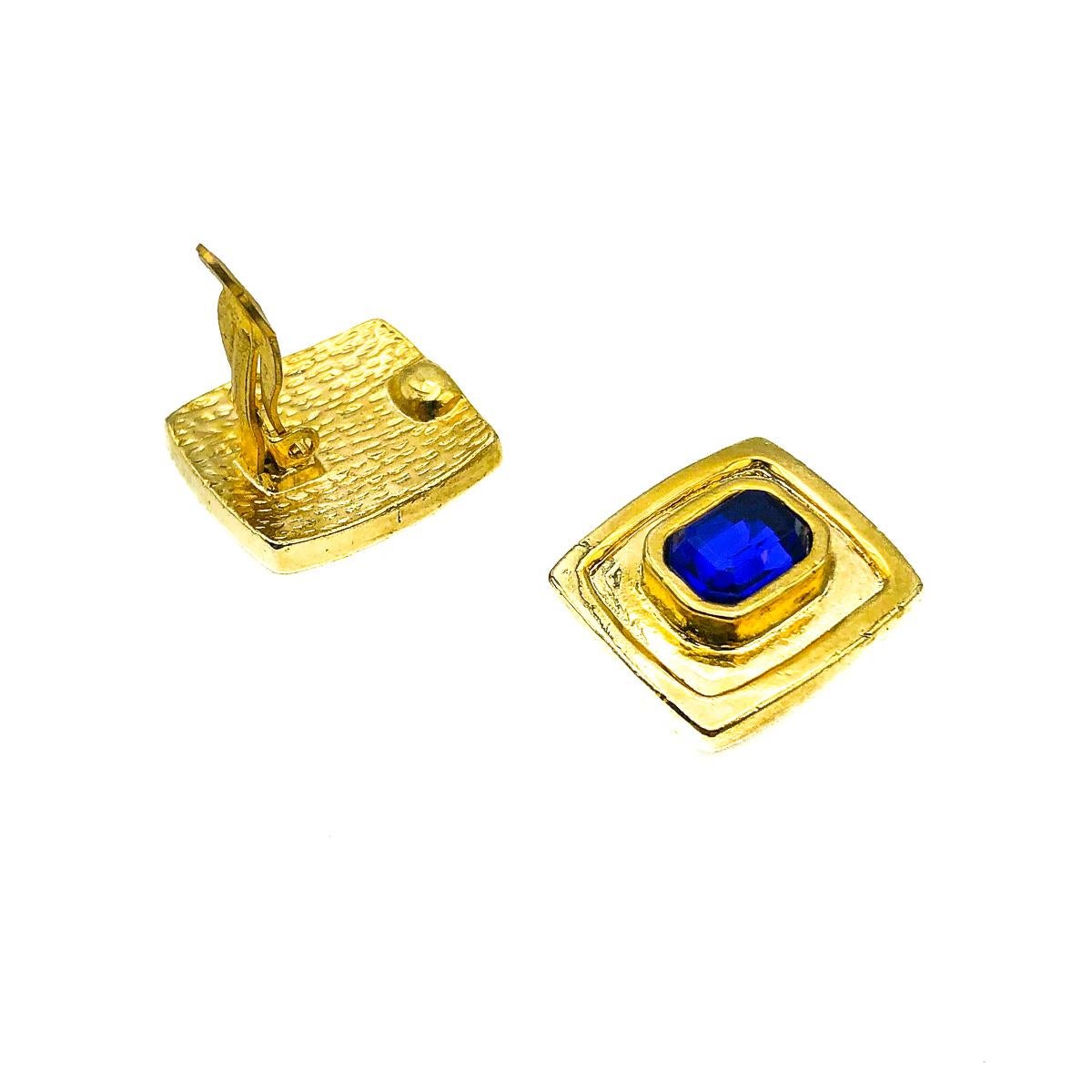 Vintage Gold & Blue Glass Earrings 1980s In Good Condition For Sale In Wilmslow, GB