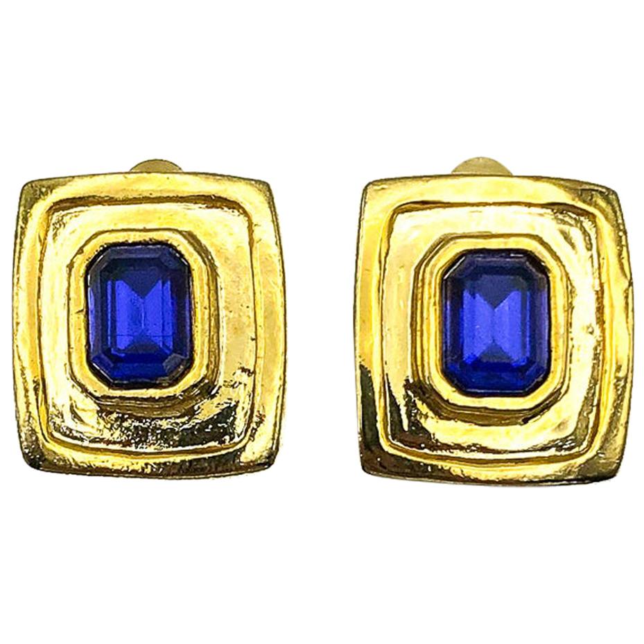 Vintage Gold & Blue Glass Earrings 1980s For Sale