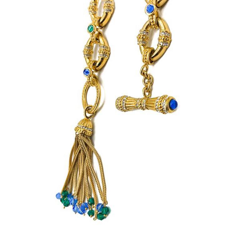 Vintage Gold Blue & Green Glass Chain Necklace with Tassel 1980s In Good Condition In Wilmslow, GB