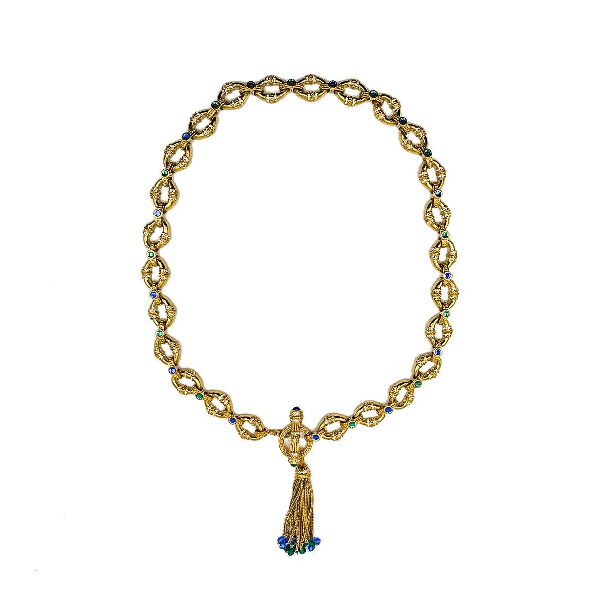 Women's Vintage Gold Blue & Green Glass Chain Necklace with Tassel 1980s