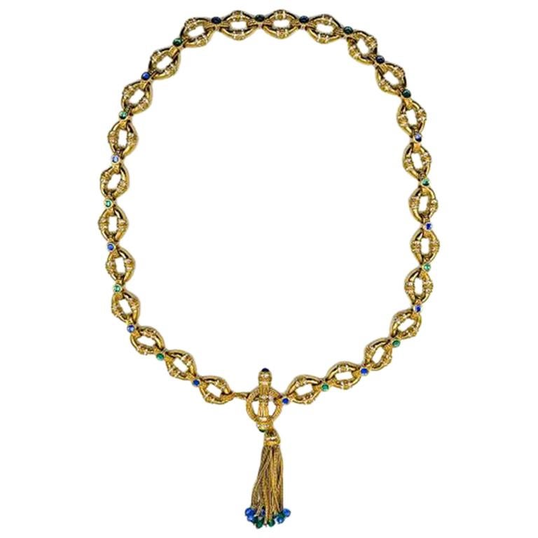 Vintage Gold Blue & Green Glass Chain Necklace with Tassel 1980s