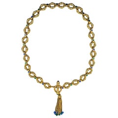 Used Gold Blue & Green Glass Chain Necklace with Tassel 1980s