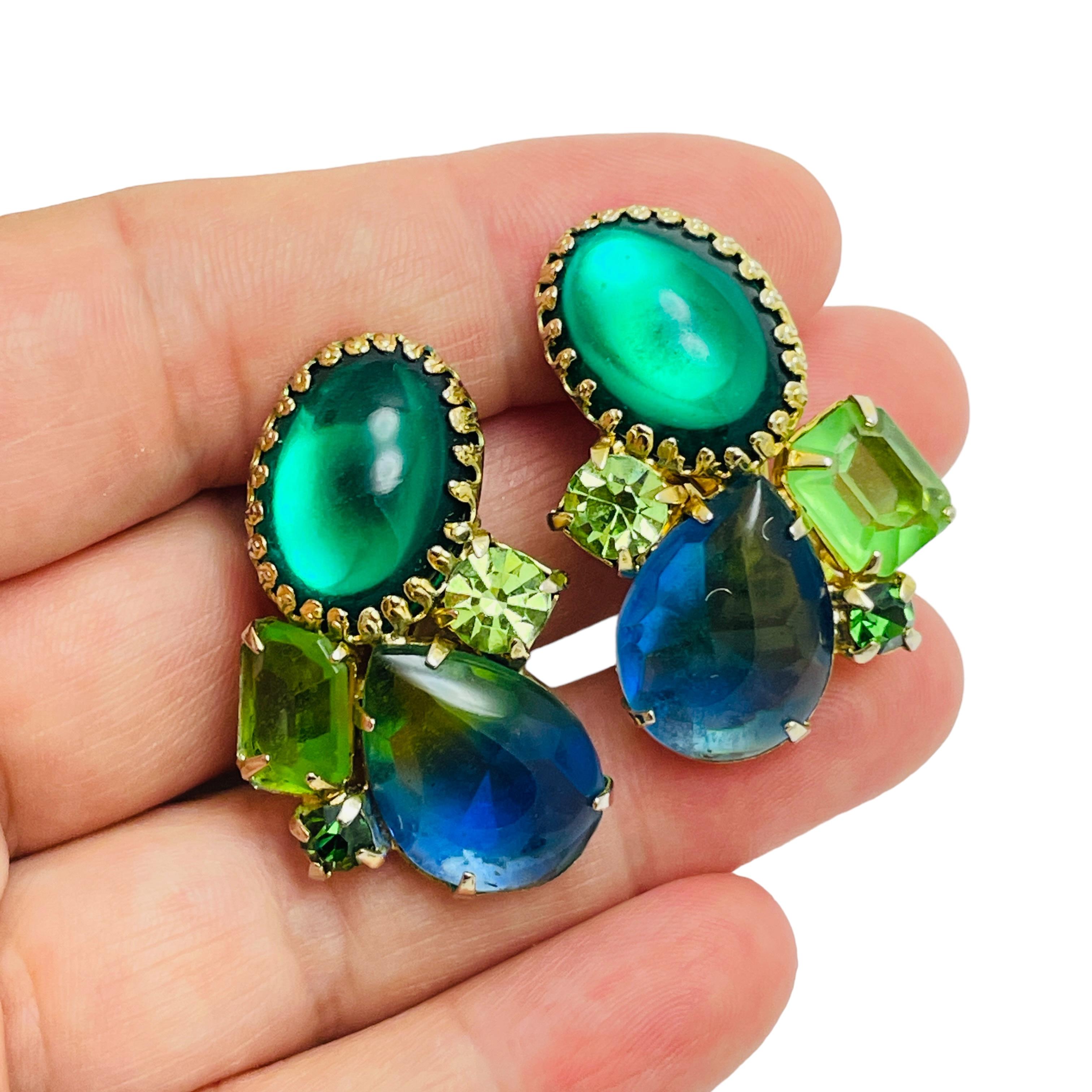 Women's Vintage gold blue green glass designer runway clip on earrings For Sale