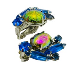 Vintage gold blue navette watermelon glass designer runway clip on earrings