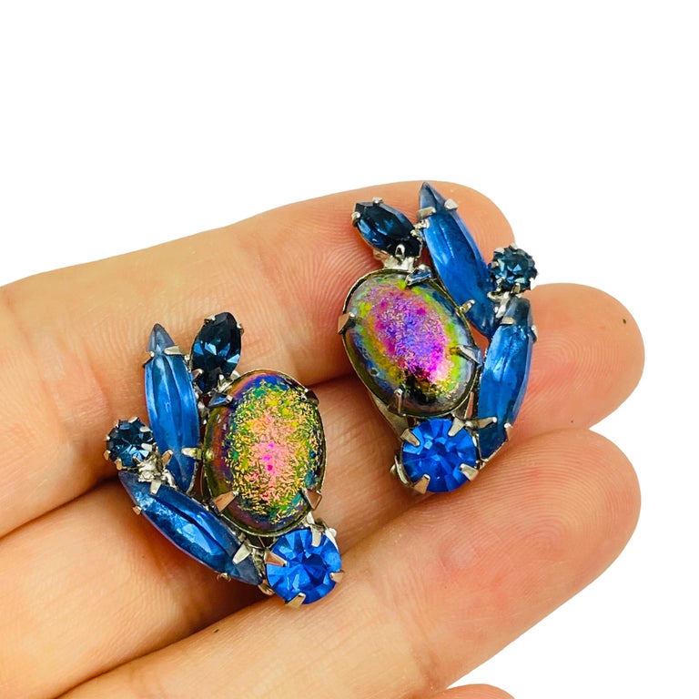 Vintage gold blue navette watermelon glass designer runway clip on