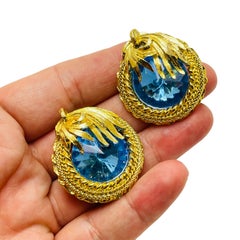 Vintage gold blue rhinestone designer runway clip on earrings