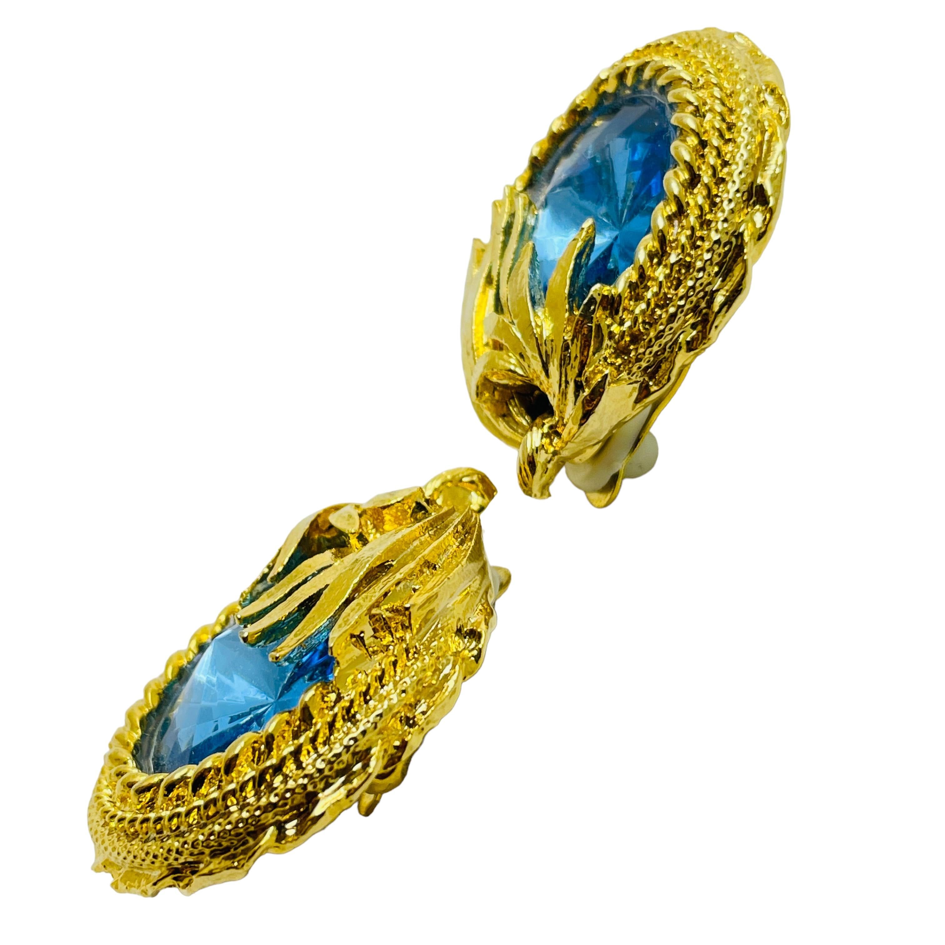 Women's or Men's Vintage gold blue rhinestone designer runway clip on earrings For Sale