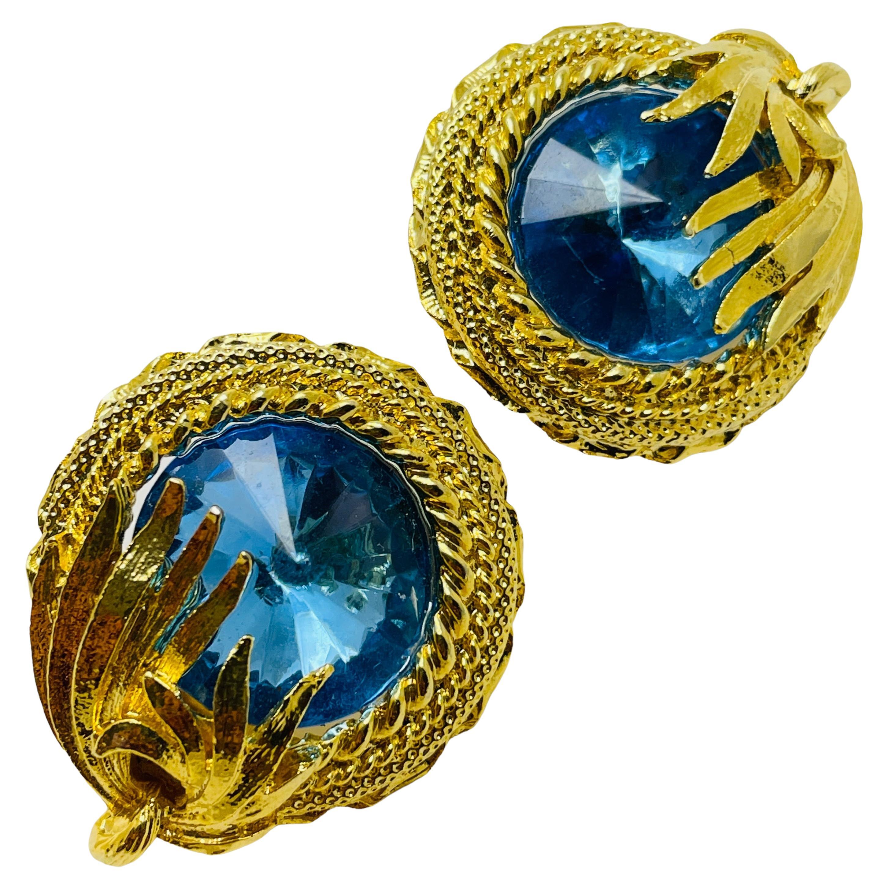 Vintage gold blue rhinestone designer runway clip on earrings For Sale