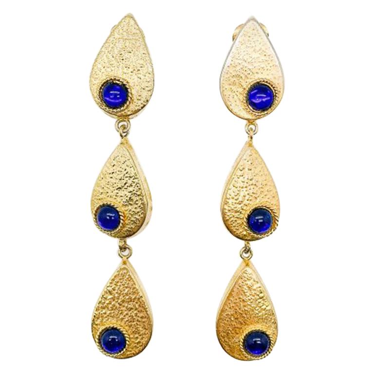 Vintage Gold & Blue Shoulder Duster Teardrop Earrings 1990s For Sale