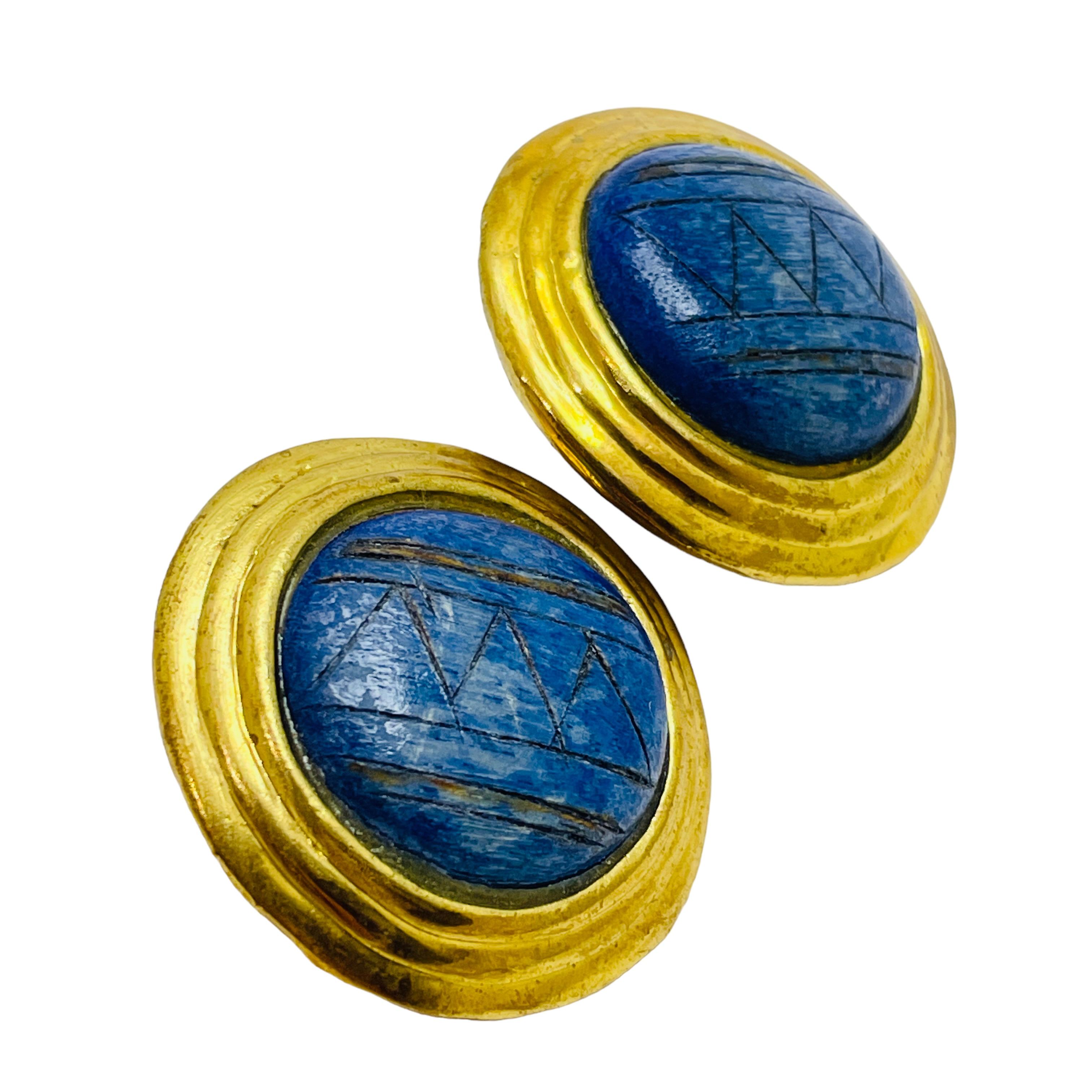 da uomo o donna Orecchini a clip d'epoca in legno blu e oro di design in vendita