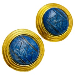 Vintage gold blue wood designer clip on earrings