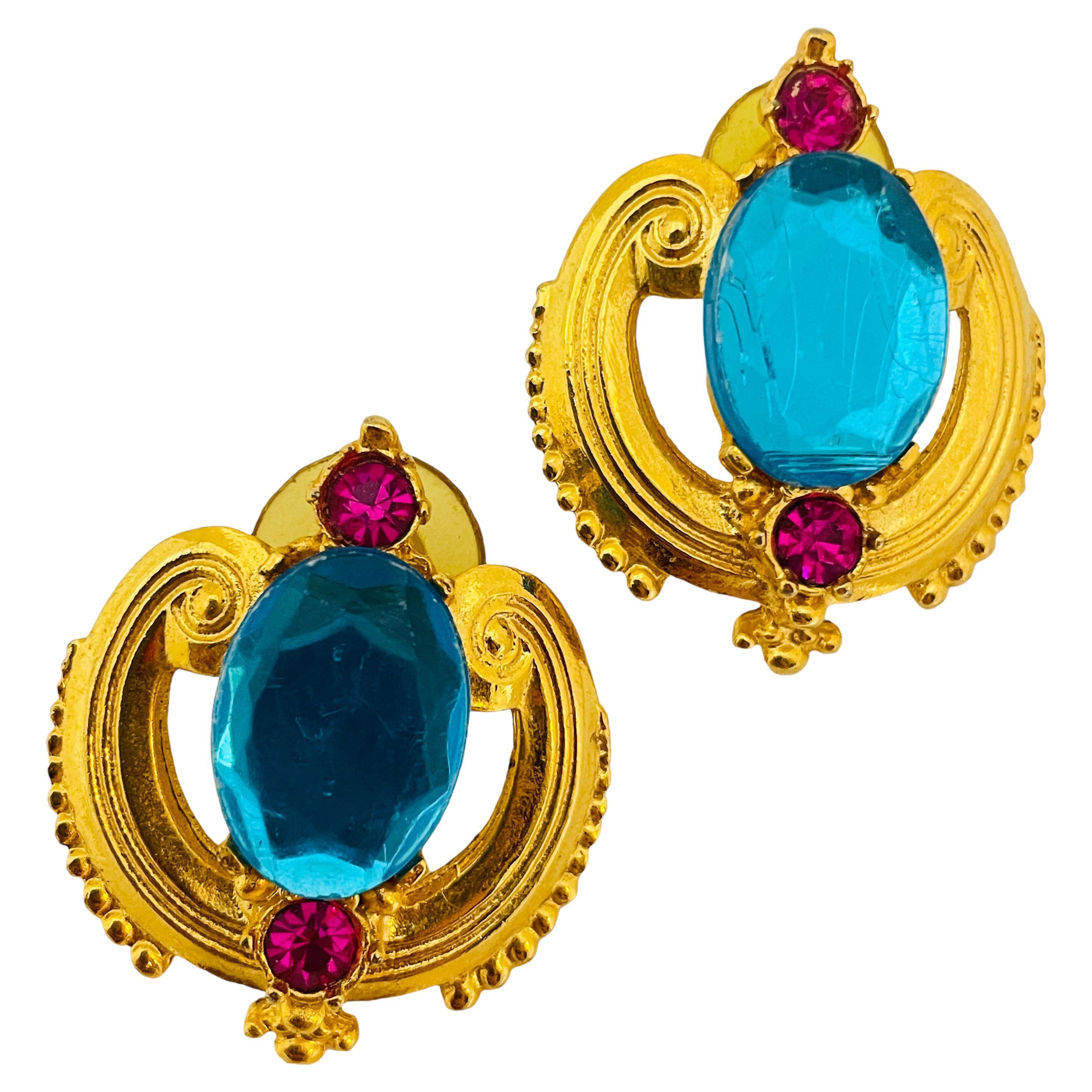 Vintage gold blur glass pierced 80’s earrings   For Sale