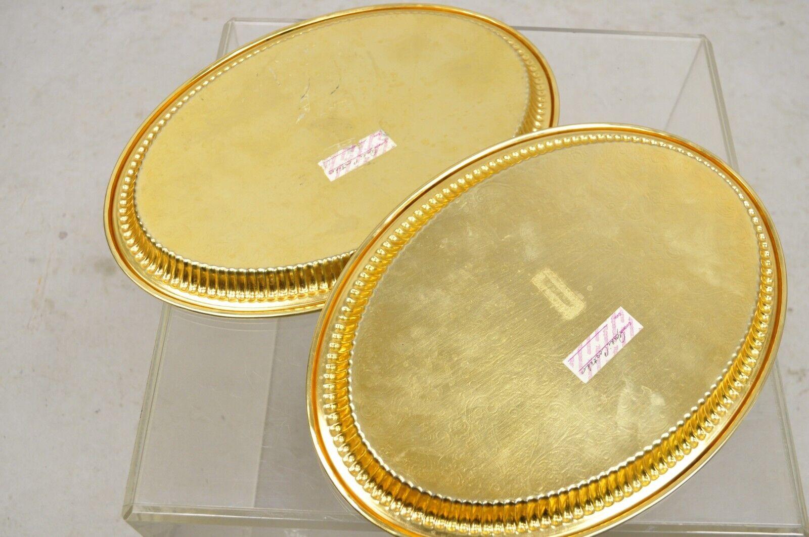 Vintage Gold Brass Plated Etched Decorated Oval Metal Serving Tray - a Pair. Circa Late 20th Century. Measurements: 1