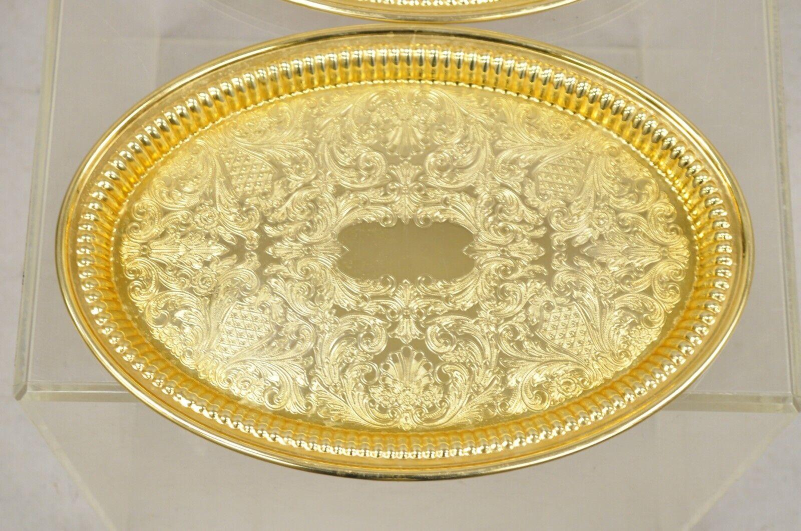 Vintage Gold Brass Plated Etched Decorated Oval Metal Serving Tray - A Pair In Good Condition In Philadelphia, PA