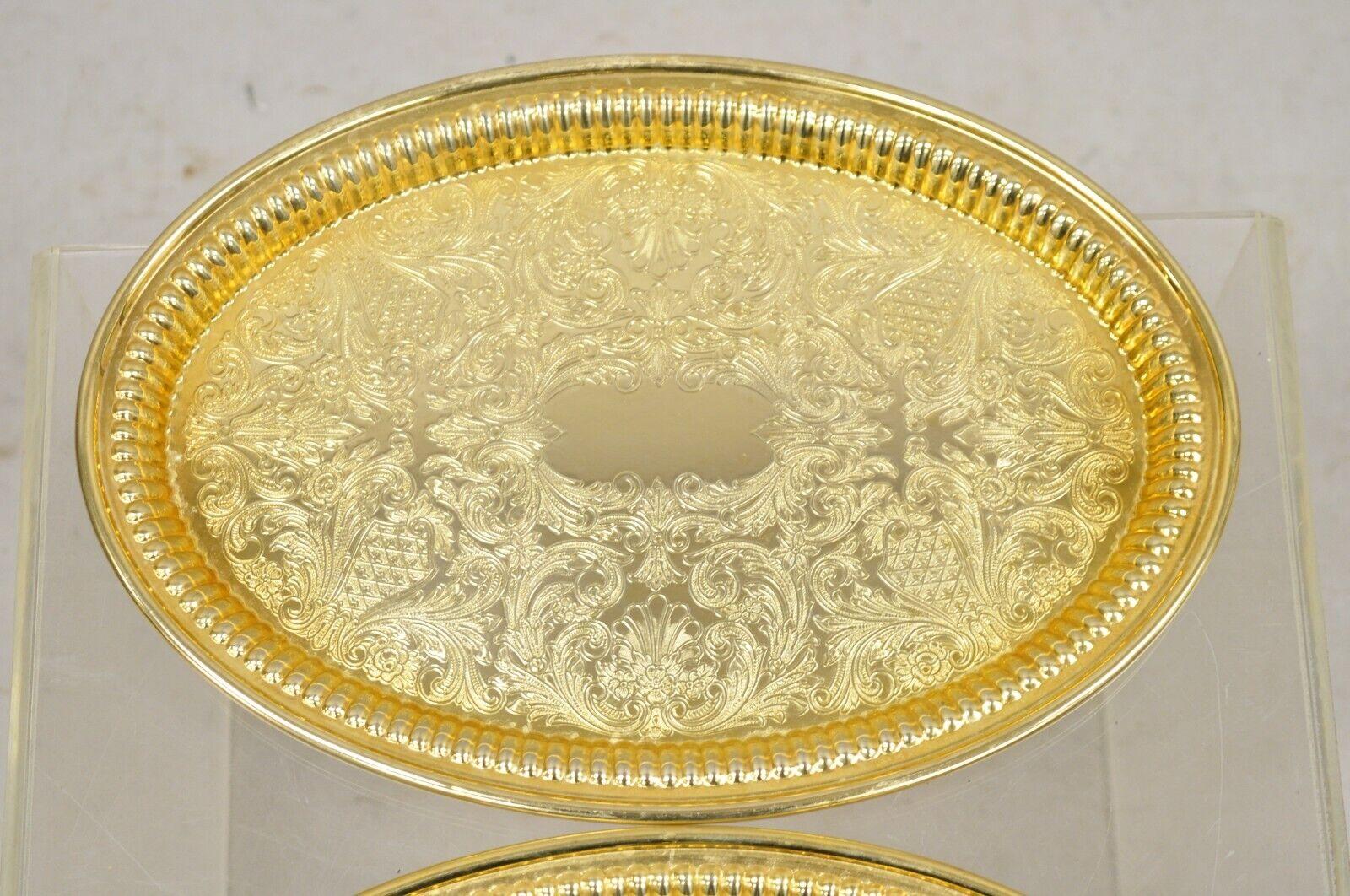 20th Century Vintage Gold Brass Plated Etched Decorated Oval Metal Serving Tray - A Pair