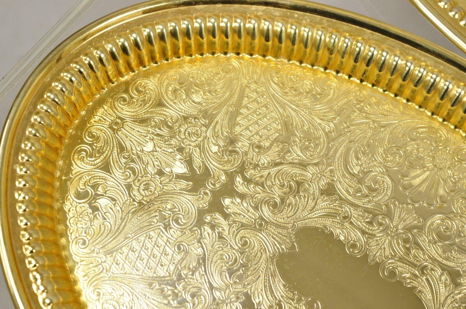 Silver Plate Vintage Gold Brass Plated Etched Decorated Oval Metal Serving Tray - A Pair