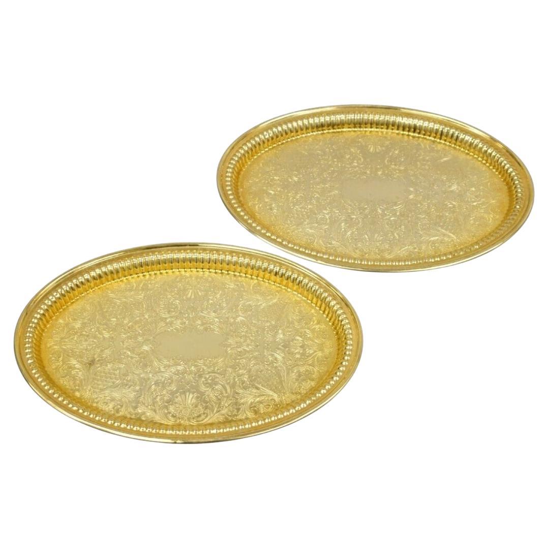 Vintage Gold Brass Plated Etched Decorated Oval Metal Serving Tray - A Pair