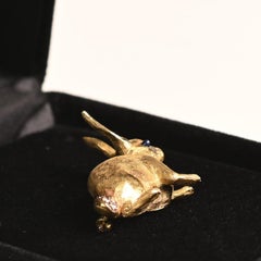 Vintage Gold Brooch. Sapphire Diamond Rabbit Brooch 18K Yellow Gold Brush Finish