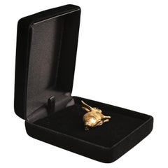 Vintage Gold Brooch. Sapphire Diamond Rabbit Brooch 18K Yellow Gold Brush Finish