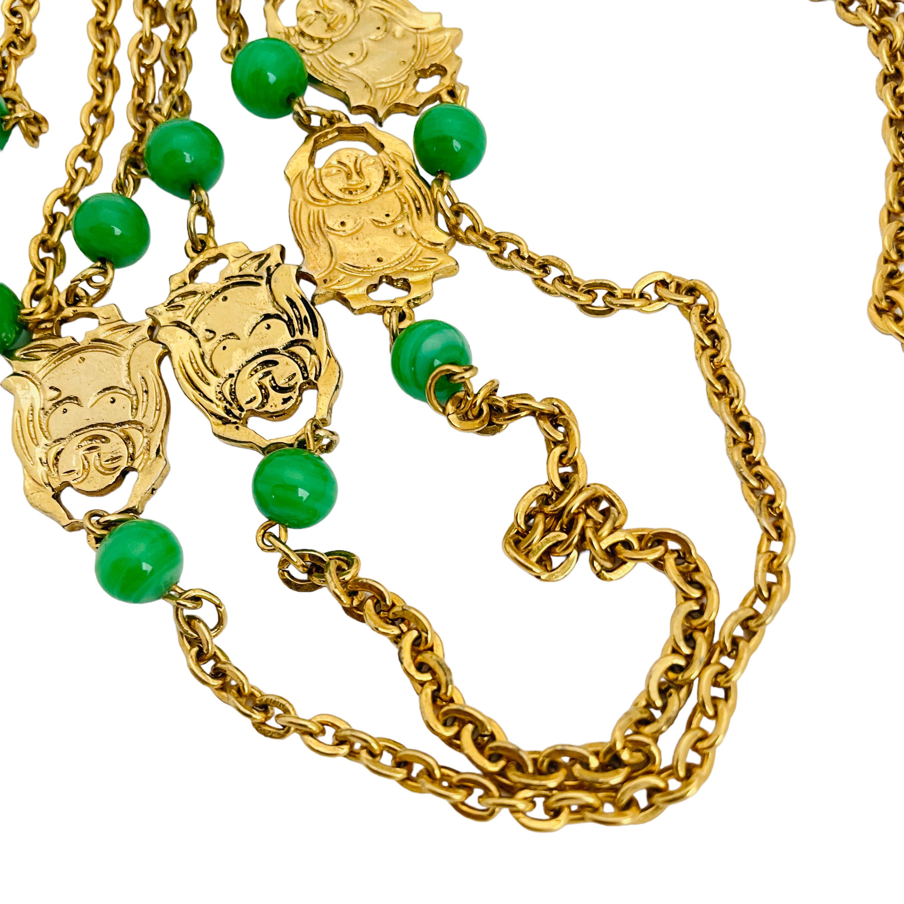 Vintage gold buddha chain glass jade designer runway necklace In Good Condition For Sale In Palos Hills, IL