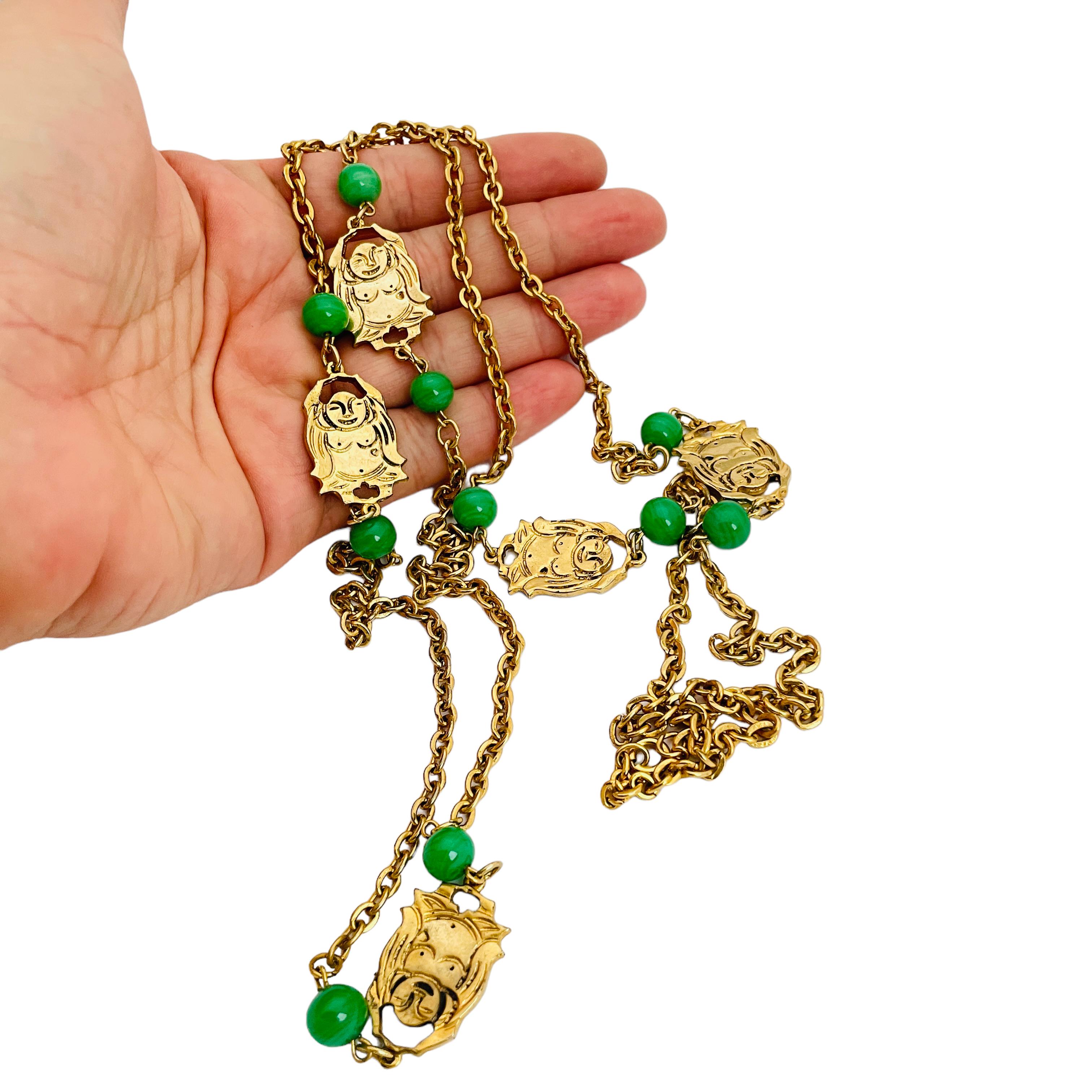 Women's or Men's Vintage gold buddha chain glass jade designer runway necklace For Sale