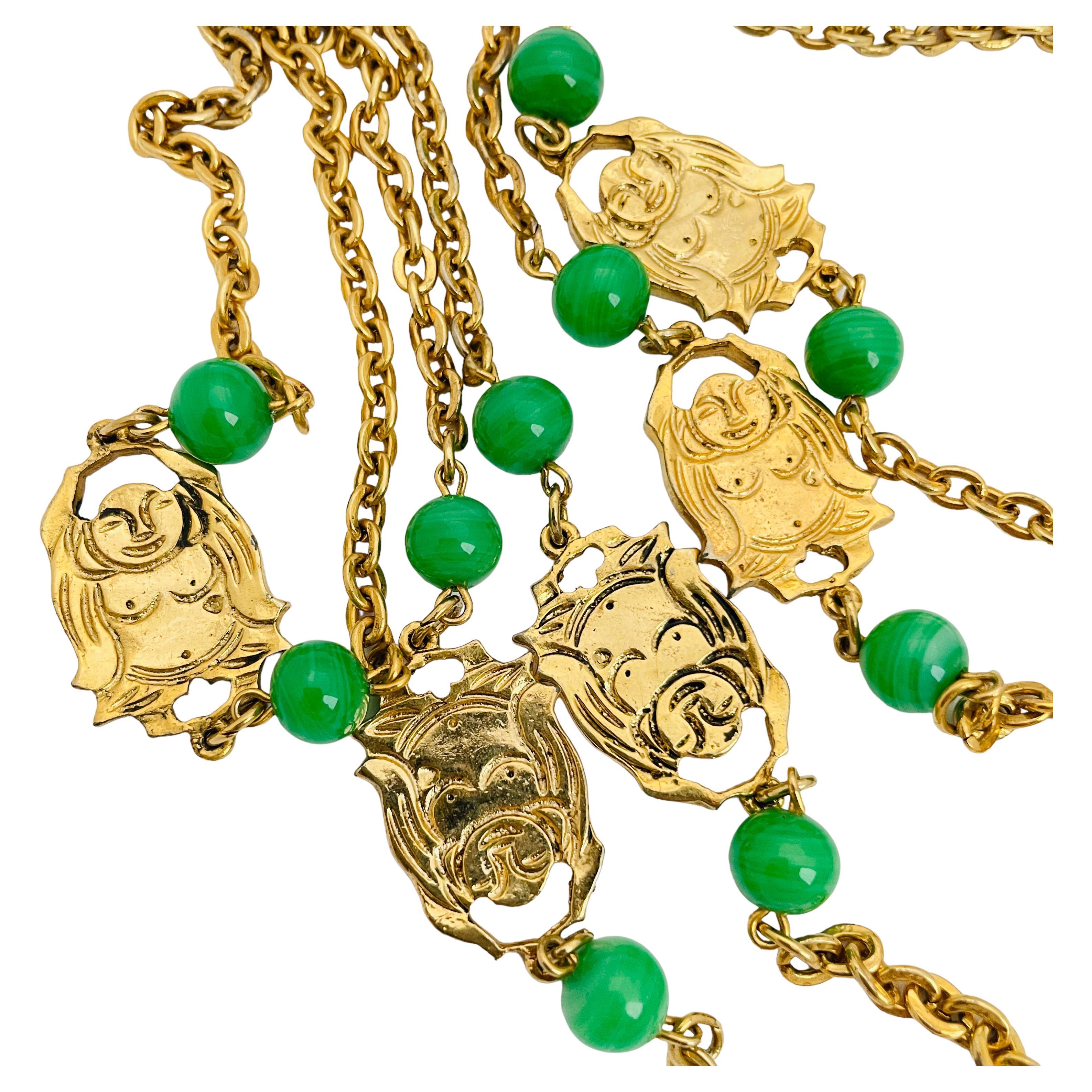 Vintage gold buddha chain glass jade designer runway necklace For Sale