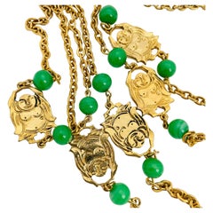 Vintage gold buddha chain glass jade designer runway necklace