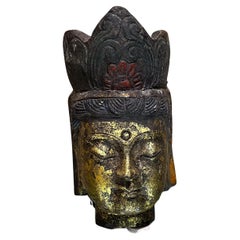  Vintage Gold Buddha Head Stone Sculpture Carved Crown 