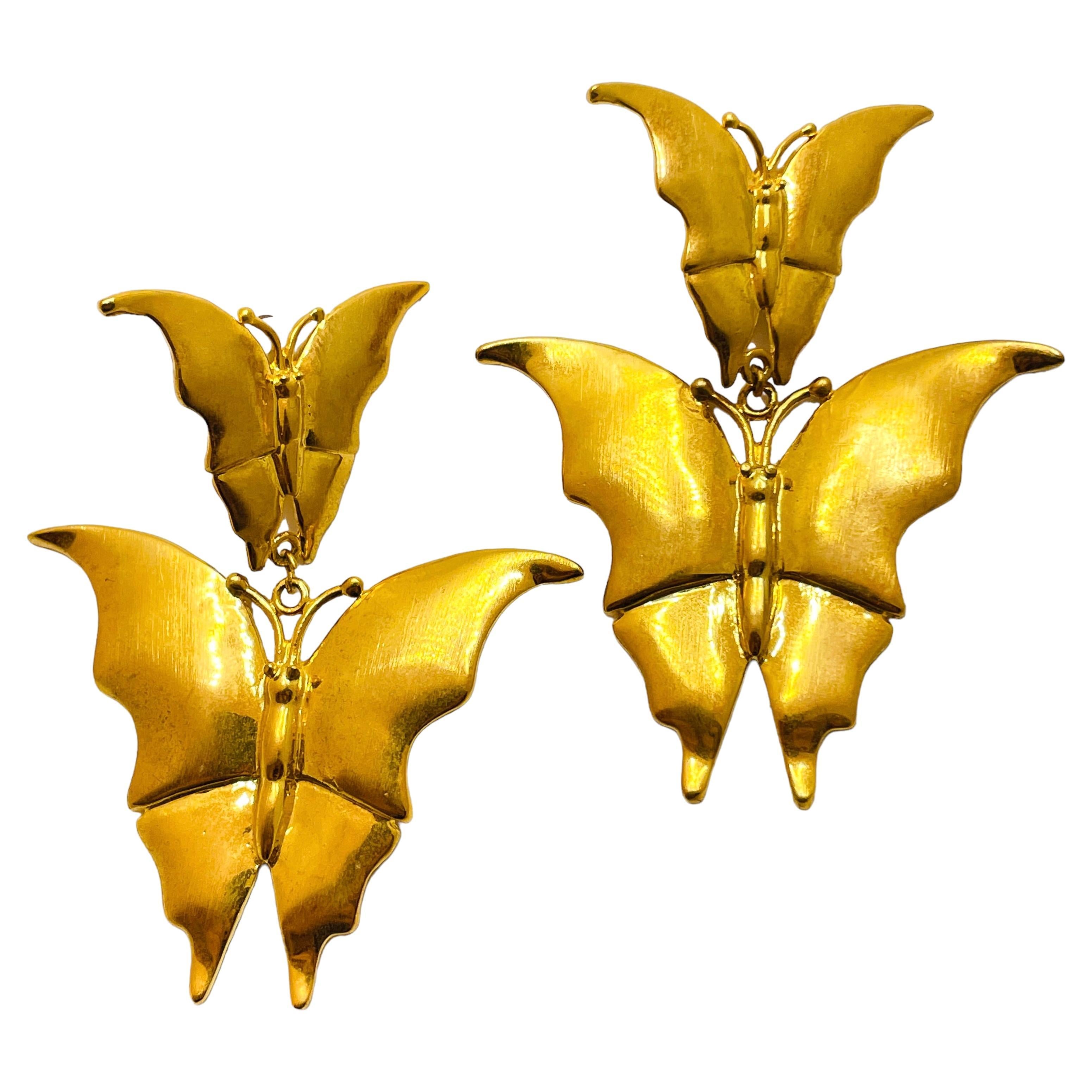 Vintage gold butterfly clip on designer earrings For Sale