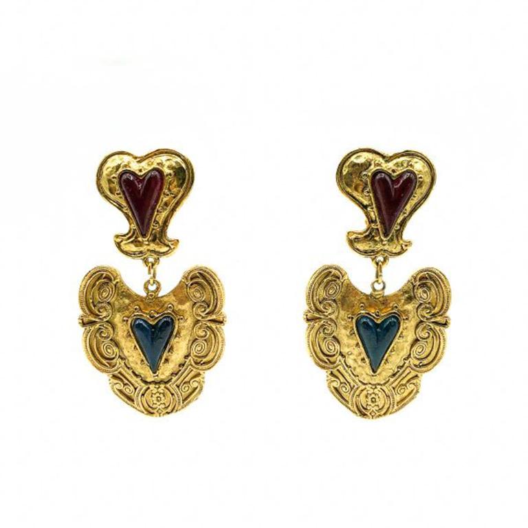 Vintage Gold byzantinische rote & blaue Herz-Ohrringe 1980er Jahre im Zustand „Gut“ im Angebot in Wilmslow, GB