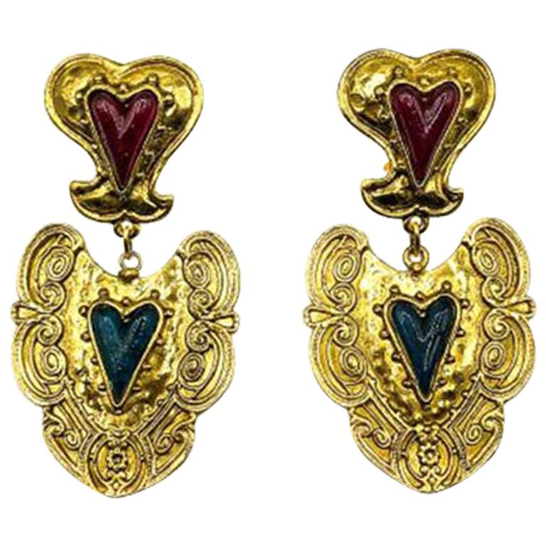 Vintage Gold Byzantine Red & Blue Heart Earrings 1980s For Sale