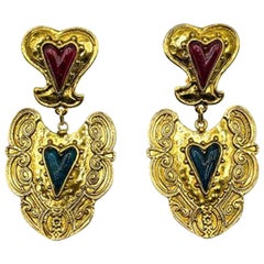 Vintage Gold Byzantine Red & Blue Heart Earrings 1980s