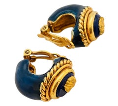 Vintage gold cameo blue enamel designer runway clip on earrings