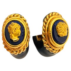 Vintage gold cameo blue enamel designer runway clip on earrings