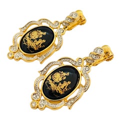 Vintage gold cameo enamel rhinestones designer clip on earrings