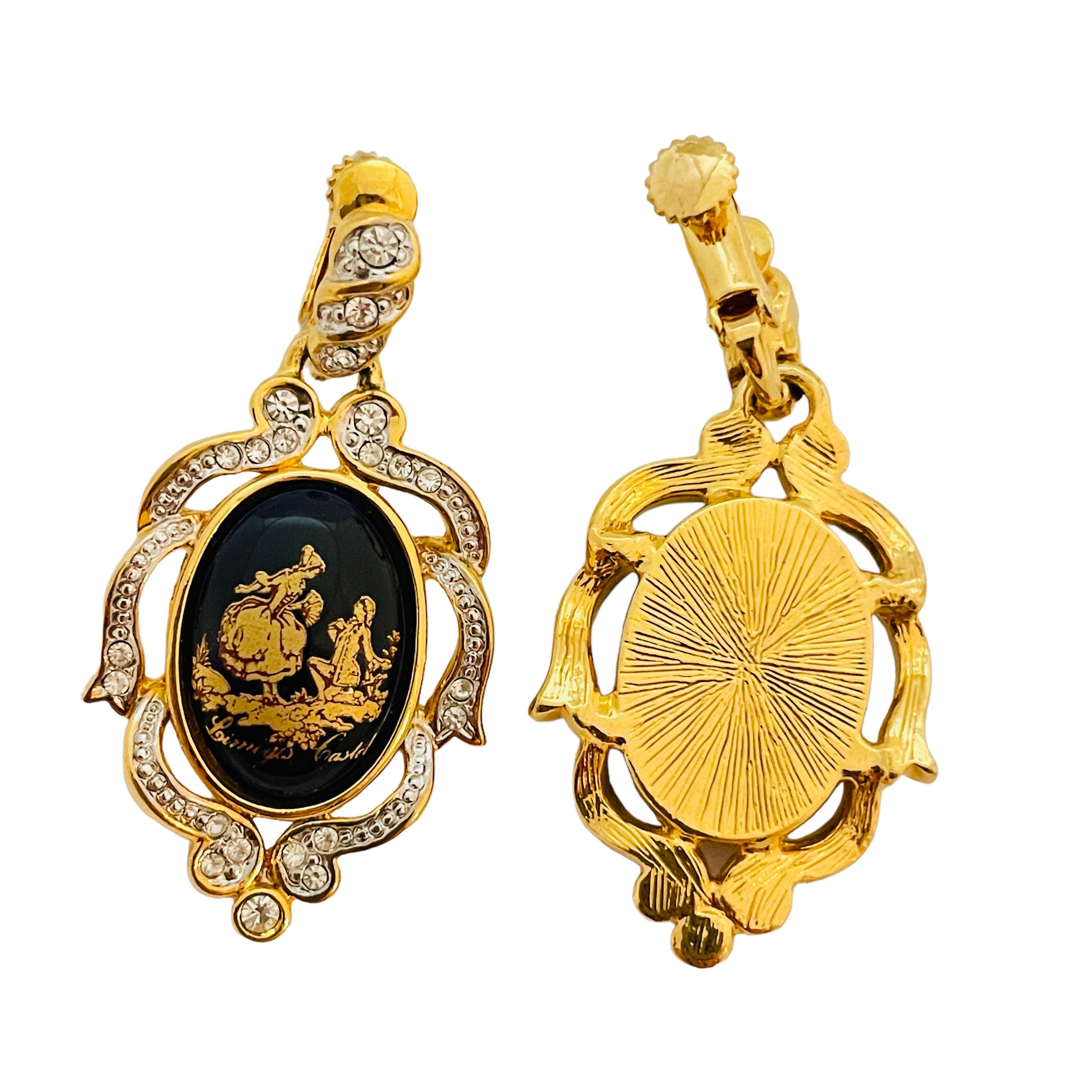 Vintage gold cameo enamel rhinestones designer clip on earrings In Good Condition For Sale In Palos Hills, IL