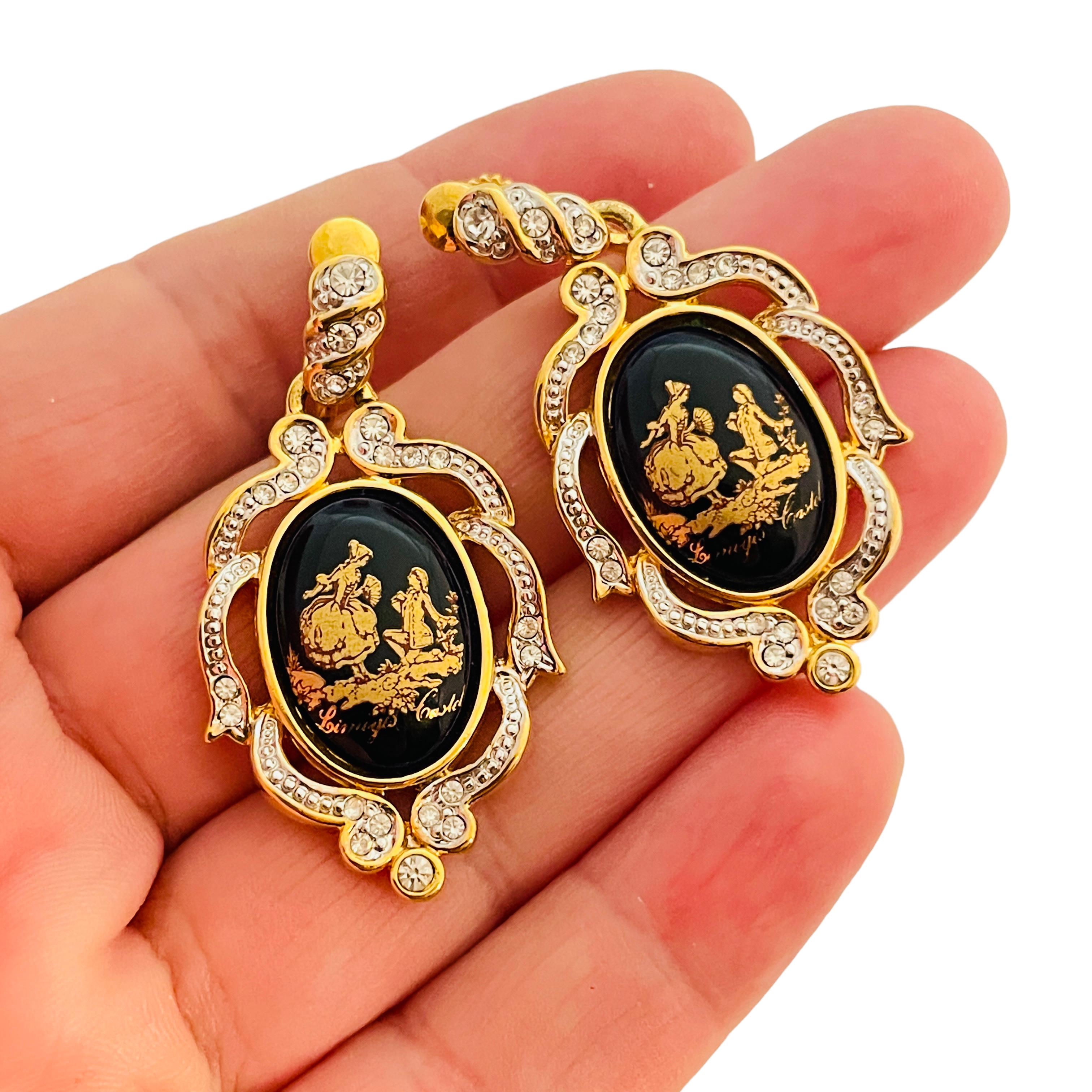 Women's or Men's Vintage gold cameo enamel rhinestones designer clip on earrings For Sale