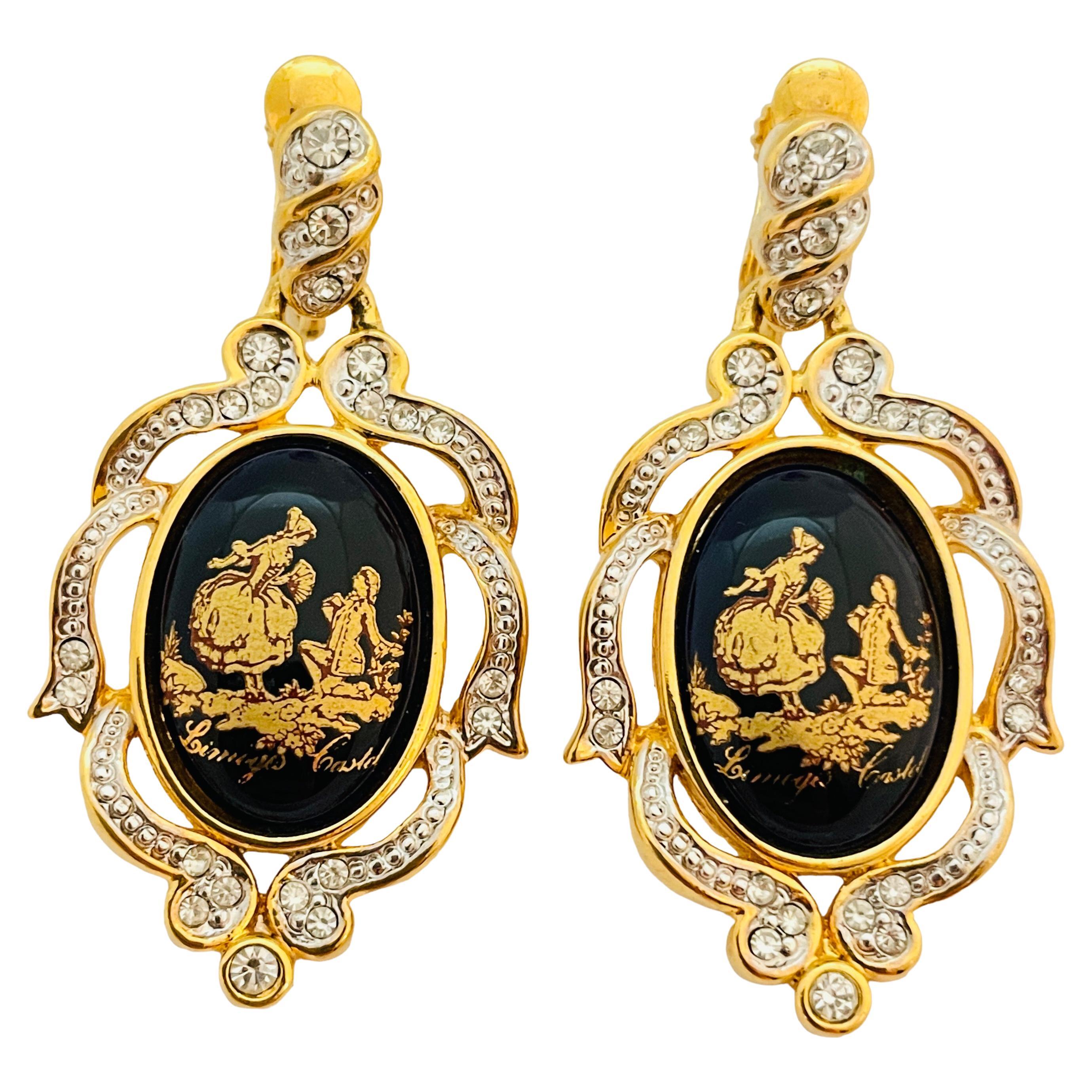 Vintage gold cameo enamel rhinestones designer clip on earrings For Sale